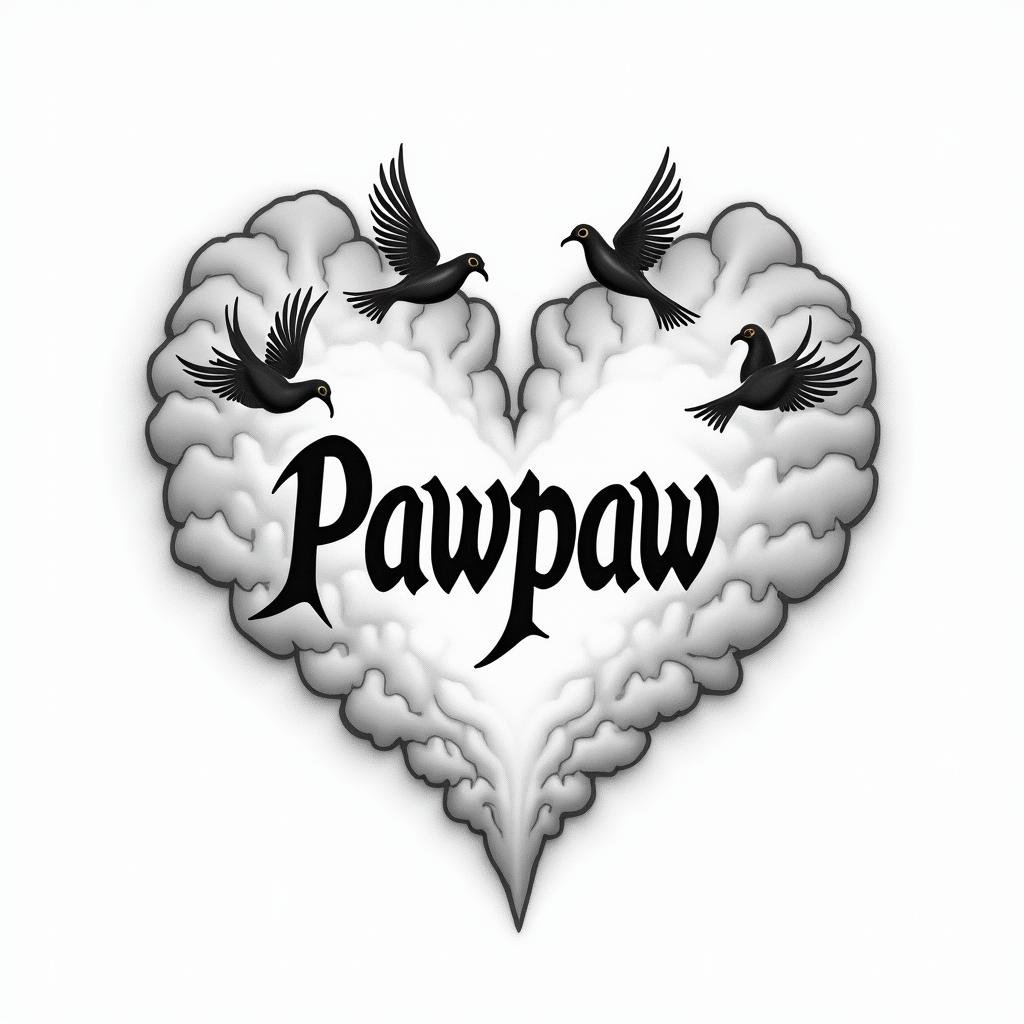 Pawpaw with clouds and dovestext-based tattoo, gothic font ultra-realistic, perfectly placed, high-quality font design, photo-realistic shading, 8k, high quality, finely detailed typography - Variation 2