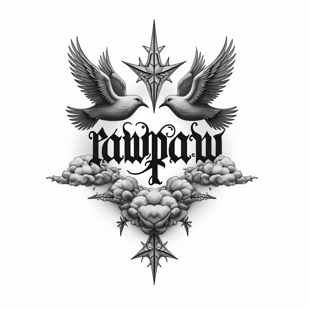 Pawpaw with clouds and dovestext-based tattoo, gothic font ultra-realistic, perfectly placed, high-quality font design, photo-realistic shading, 8k, high quality, finely detailed typography - Variation 3