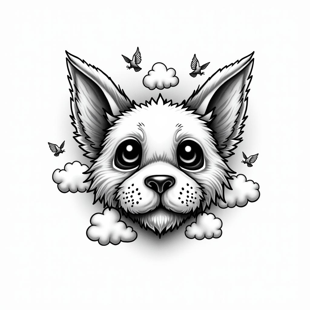 Pawpaw with clouds and dovestext-based tattoo, gothic font ultra-realistic, perfectly placed, high-quality font design, photo-realistic shading, 8k, high quality, finely detailed typography - Variation 4