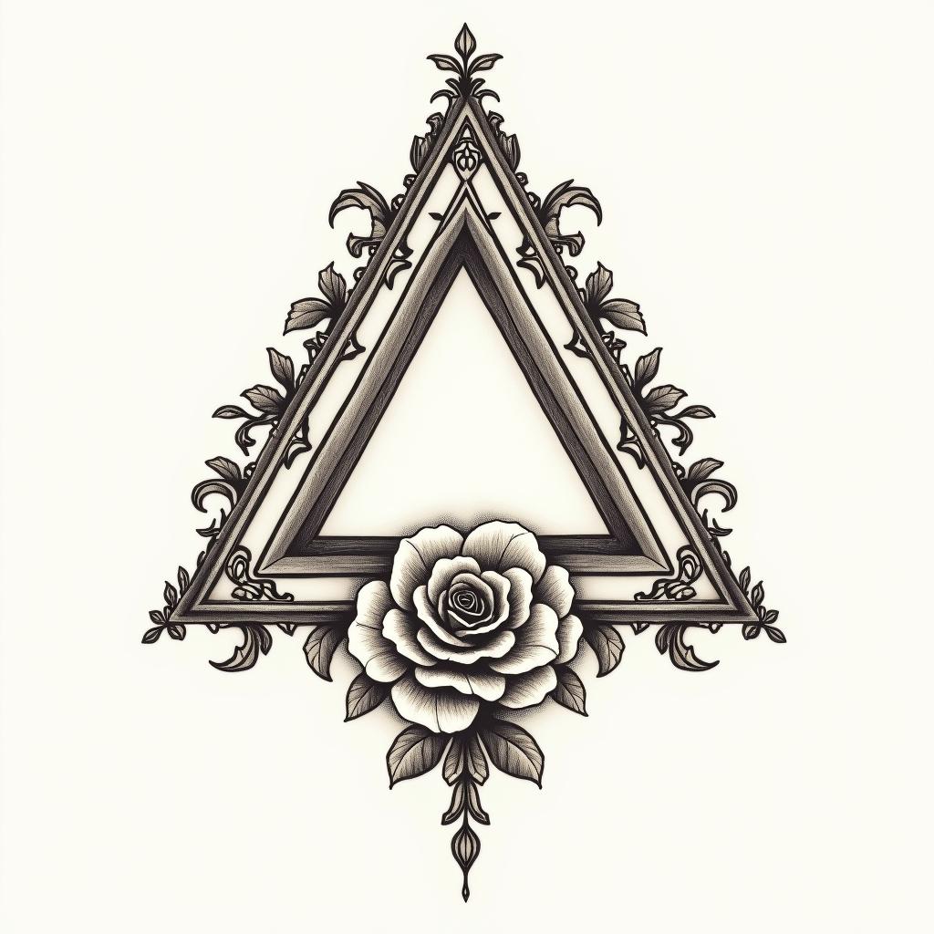 Simple triangle with a line through itin victorian style tattoo, featuring vintage and elegant elements, ornate frames, roses, antique, sepia-toned color scheme - Variation 3