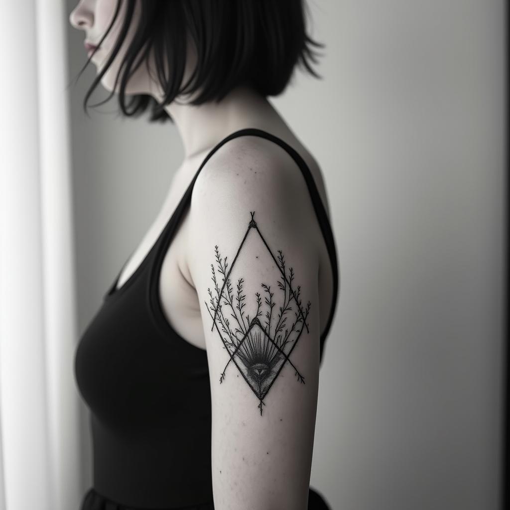 Gemini Graciela lovein minimalist style tattoo, featuring simple shapes and fine lines, with minimal shading and details, tiny triangles, creating a sense of balance and harmony