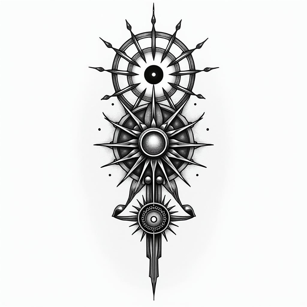 Death tarotin spiritual symbols tattoo style, featuring an intricate design incorporating elements, Hamsa hand, third eye, minimalist composition