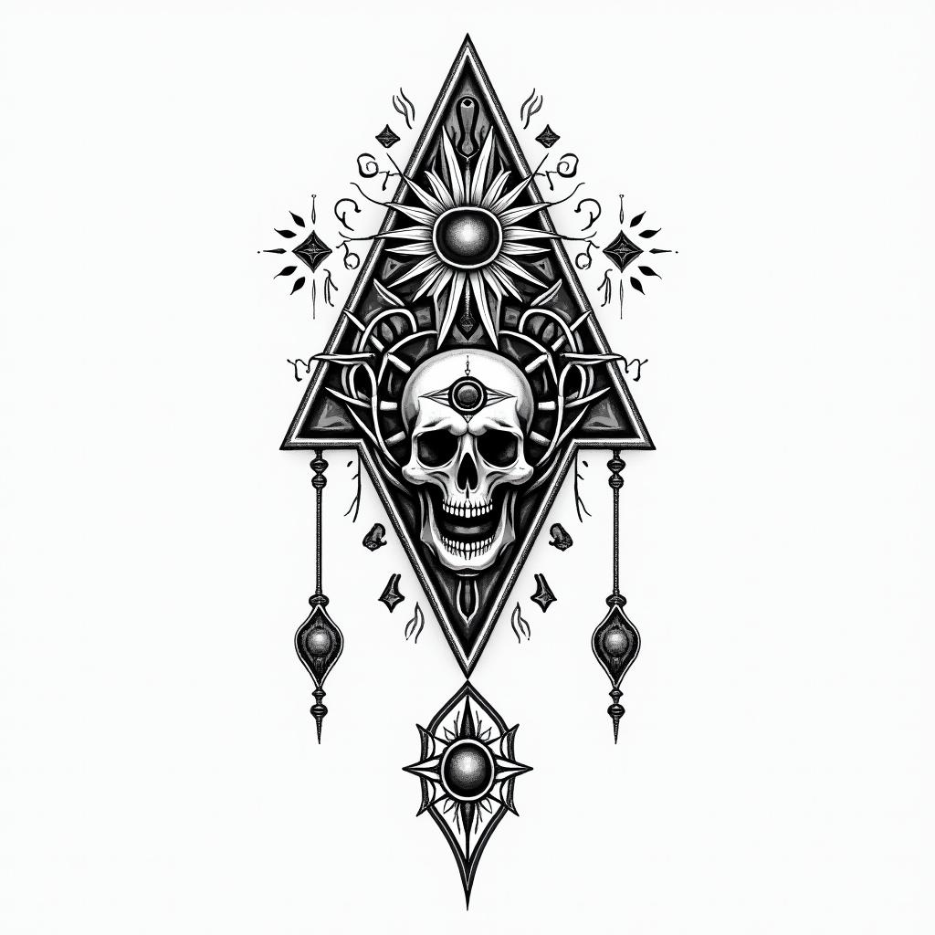 Death tarotin spiritual symbols tattoo style, featuring an intricate design incorporating elements, Hamsa hand, third eye, minimalist composition - Variation 3