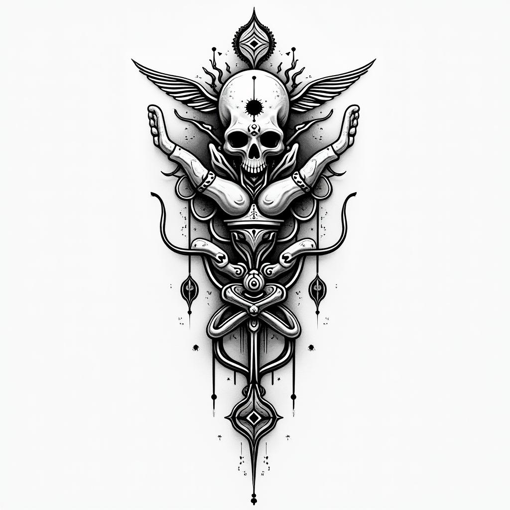 Death tarotin spiritual symbols tattoo style, featuring an intricate design incorporating elements, Hamsa hand, third eye, minimalist composition - Variation 2