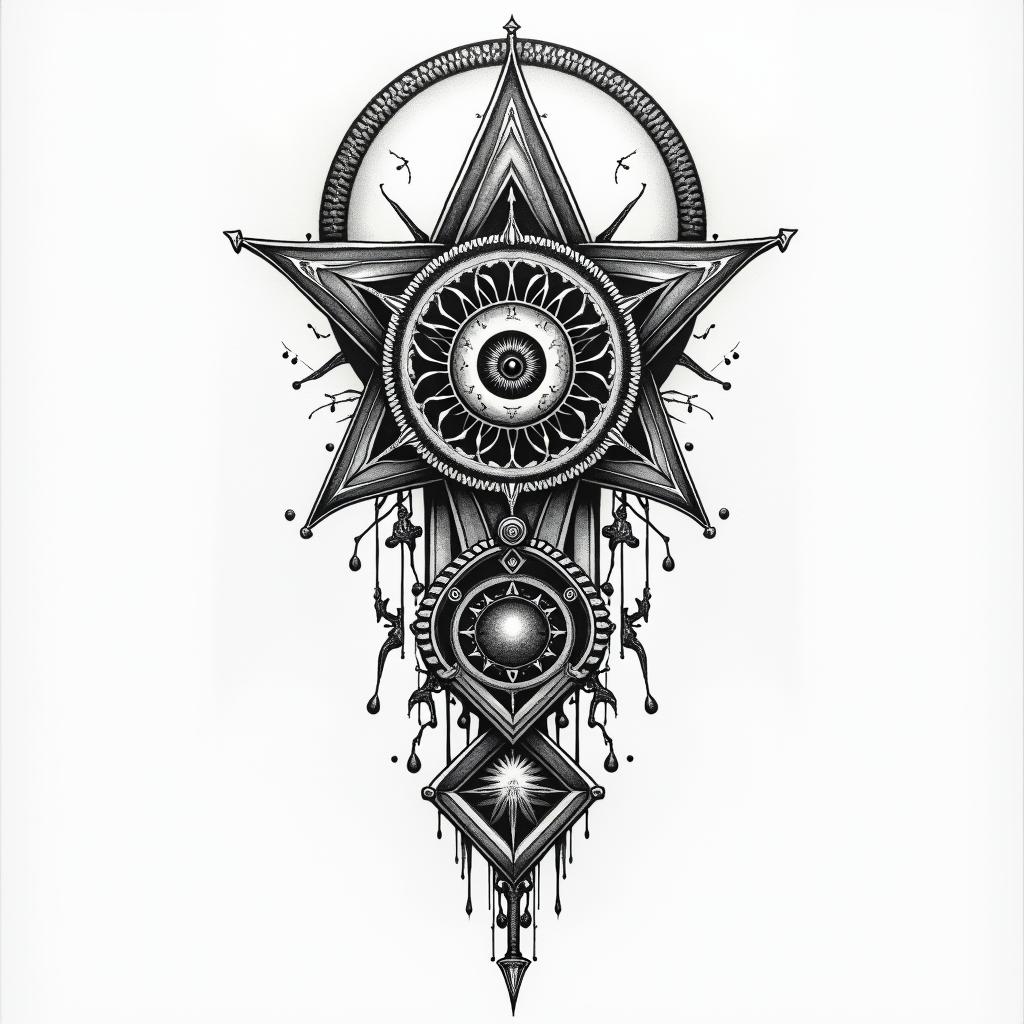 Death tarotin spiritual symbols tattoo style, featuring an intricate design incorporating elements, Hamsa hand, third eye, minimalist composition - Variation 4