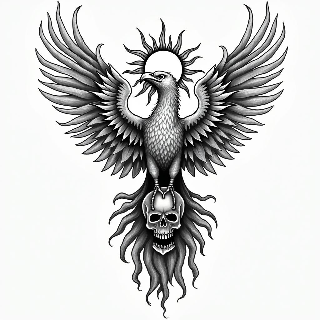 A phoenix with 3 skulls and a sun on top.higly detailed tattoo