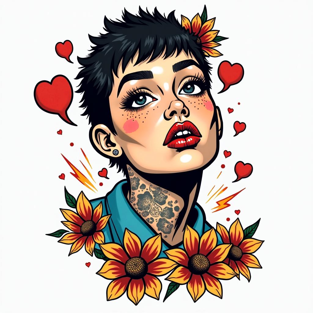Amah’jayin pop art style tattoo, featuring bold and vibrant colors, exaggerated outlines, iconic imagery, inspired by comic books and speech bubbles, comic book characters, retro pop culture - Variation 2