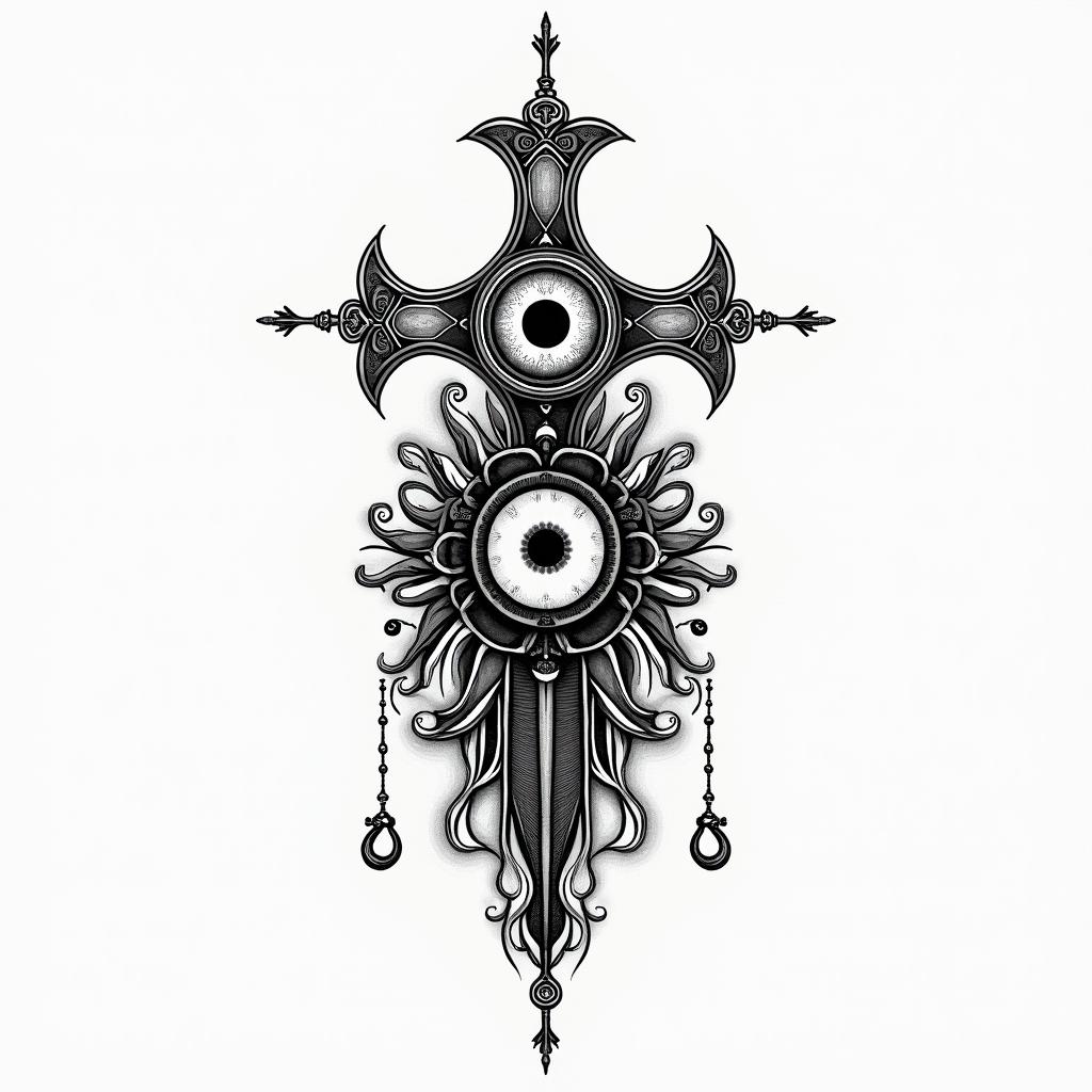 Death tarot cardin spiritual symbols tattoo style, featuring an intricate design incorporating elements, Hamsa hand, third eye, minimalist composition