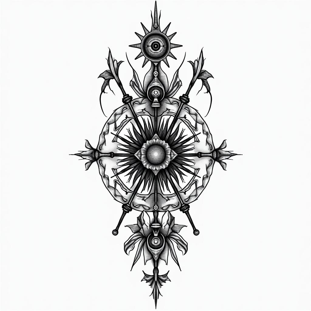 Death tarot cardin spiritual symbols tattoo style, featuring an intricate design incorporating elements, Hamsa hand, third eye, minimalist composition - Variation 3