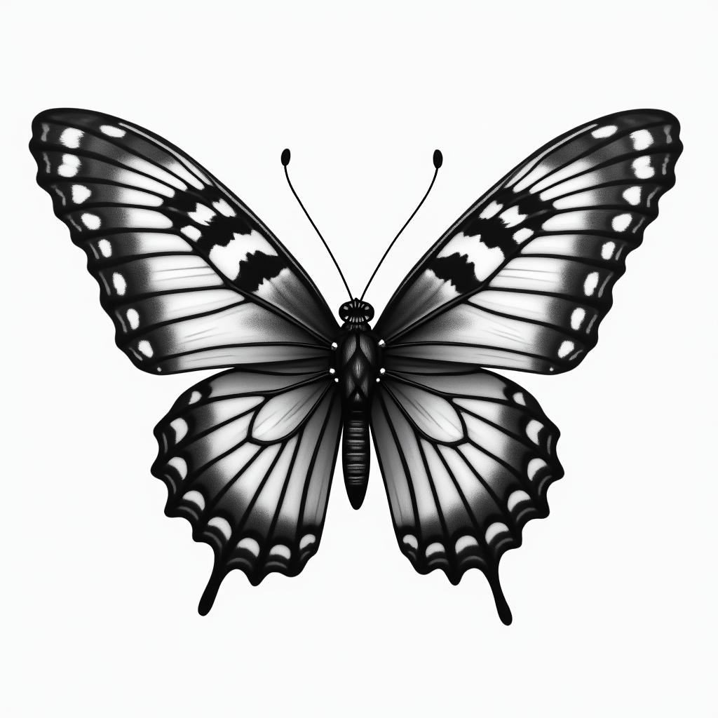 Butterfly with intricate patterns on the wingsin realism tattoo style, featuring a highly detailed, lifelike, capturing every detail, photorealistic, ultra realistic, intricate shading, smooth and sharp,   - Variation 4