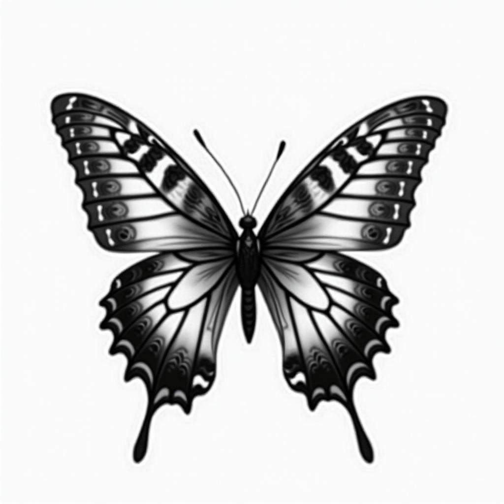 Butterfly with intricate patterns on the wingsin realism tattoo style, featuring a highly detailed, lifelike, capturing every detail, photorealistic, ultra realistic, intricate shading, smooth and sharp,   - Variation 2
