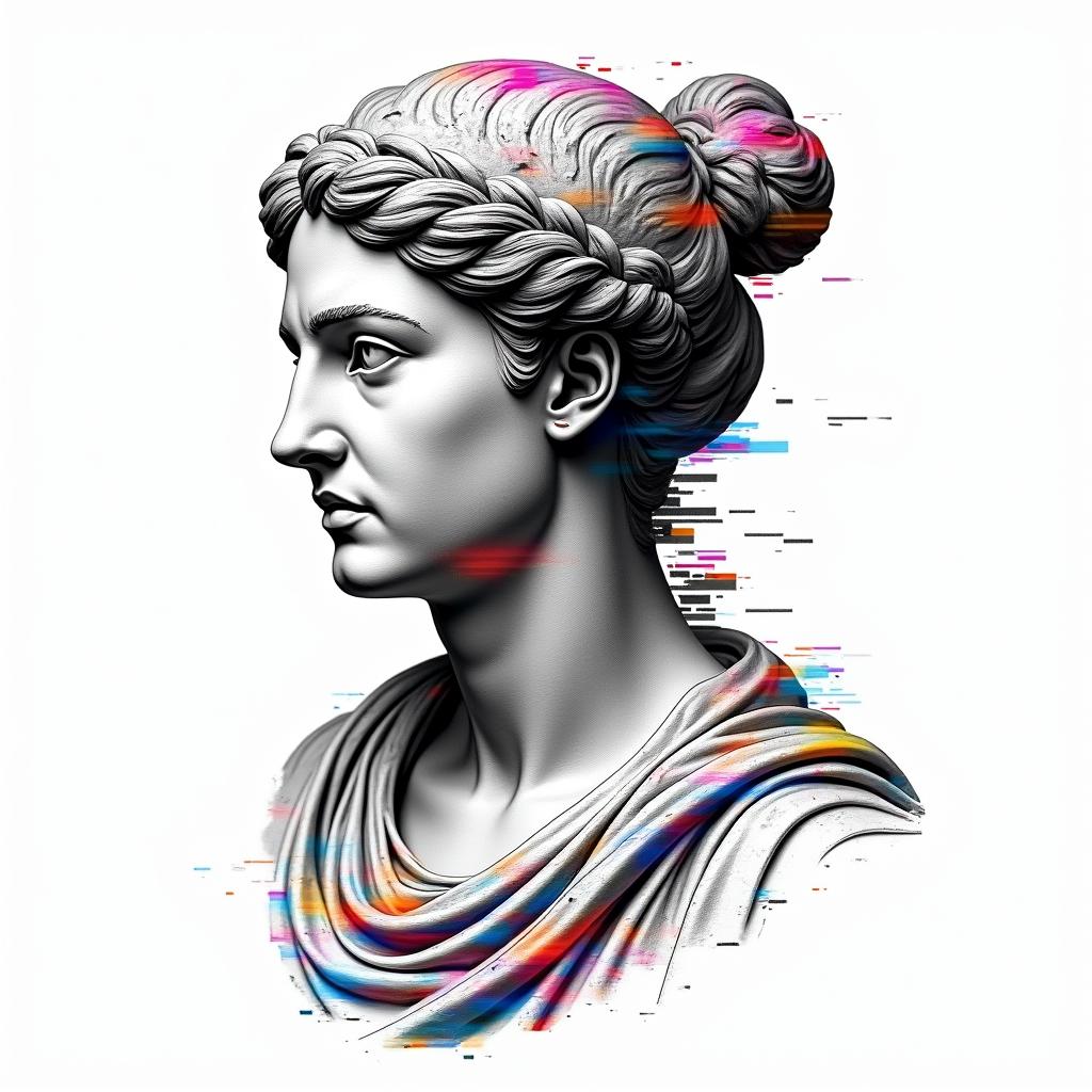 Fine line black rocketin distorted and fragmented tattoo design, featuring a classical statue bust, in a glitch art style with vibrant, overlapping colors of cyan, magenta, and yellow, creating a digital distortion effect - Variation 2