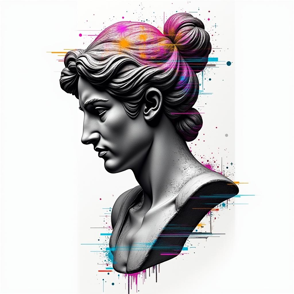 Fine line black rocketin distorted and fragmented tattoo design, featuring a classical statue bust, in a glitch art style with vibrant, overlapping colors of cyan, magenta, and yellow, creating a digital distortion effect - Variation 4