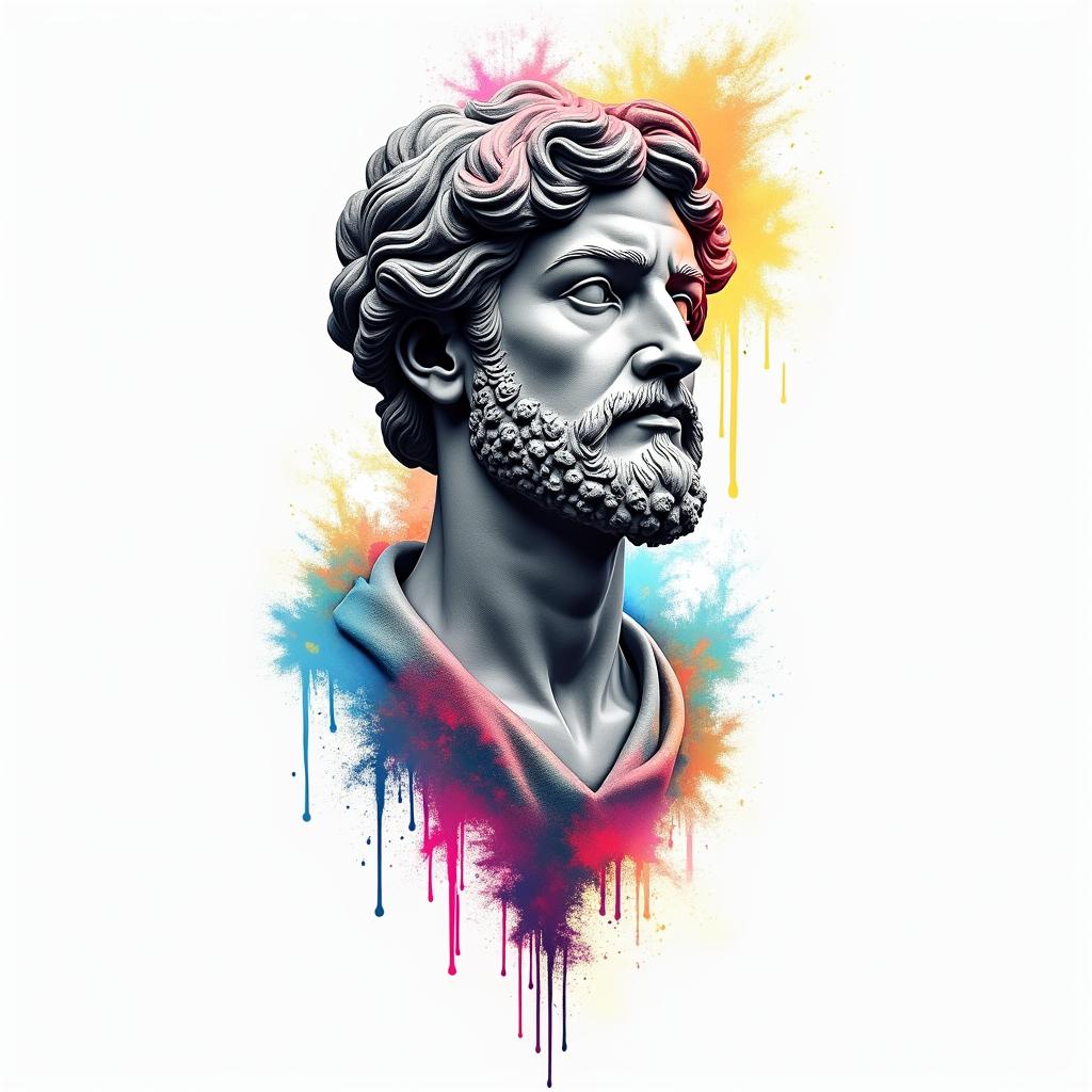 Fine line black rocketin distorted and fragmented tattoo design, featuring a classical statue bust, in a glitch art style with vibrant, overlapping colors of cyan, magenta, and yellow, creating a digital distortion effect
