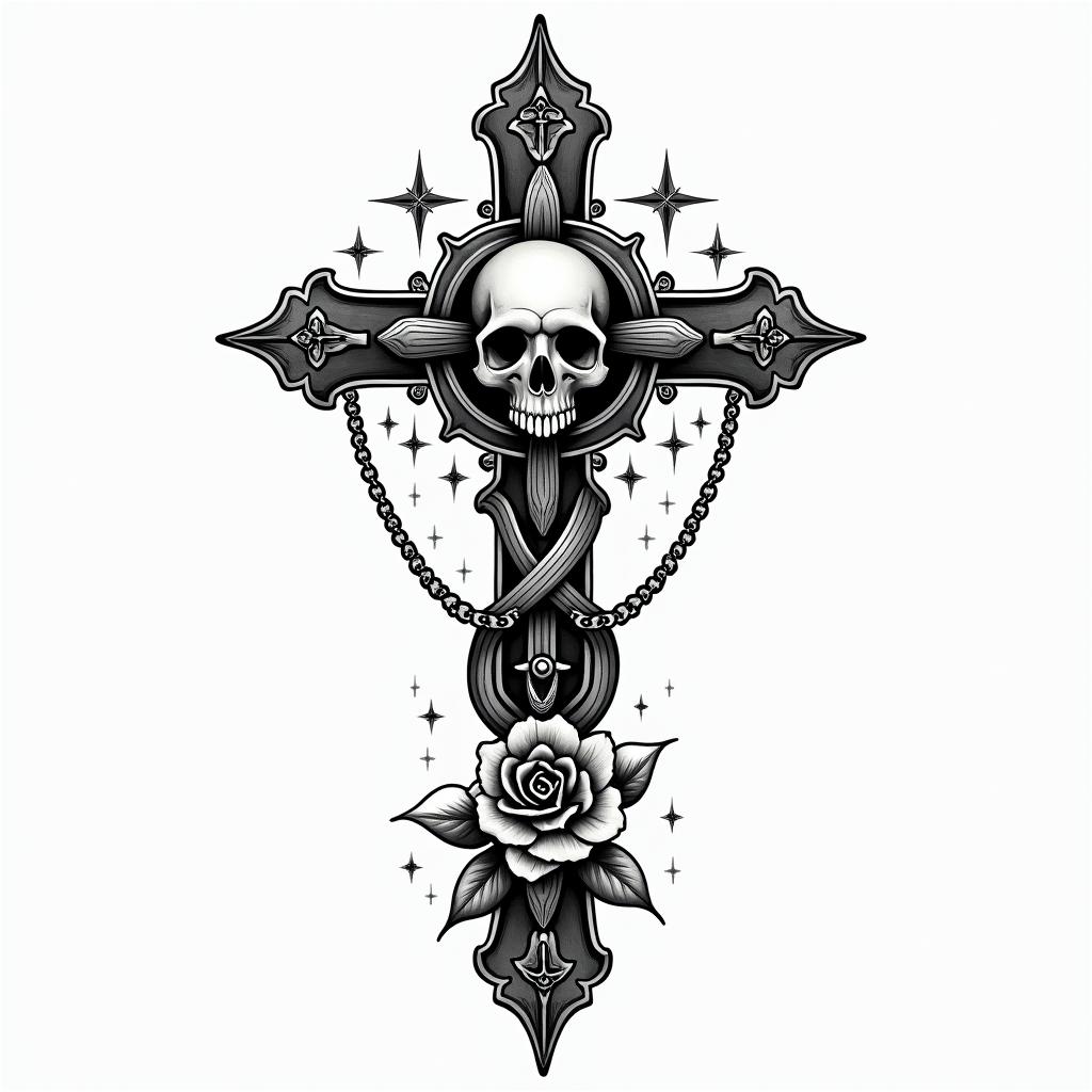 I would like to see a tattoo with a feather, the infinity symbol, and stars. And with the words dad and mom in Irish.in chicano style tattoo, featuring intricate black and grey shading, bold elements of traditional chicano culture symbols, add a big cross with skull, chains and roses - Variation 2