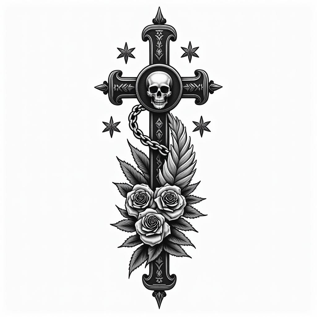 I would like to see a tattoo with a feather, the infinity symbol, and stars. And with the words dad and mom in Irish.in chicano style tattoo, featuring intricate black and grey shading, bold elements of traditional chicano culture symbols, add a big cross with skull, chains and roses