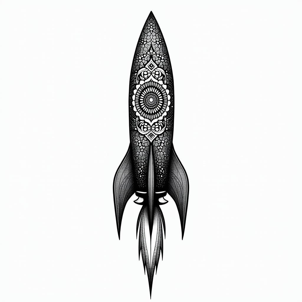 Fine line black rocketin dotwork style tattoo, complex mandala patterns, interlocking geometric shapes with sharp symmetry, clean lines, sharp angles - Variation 1