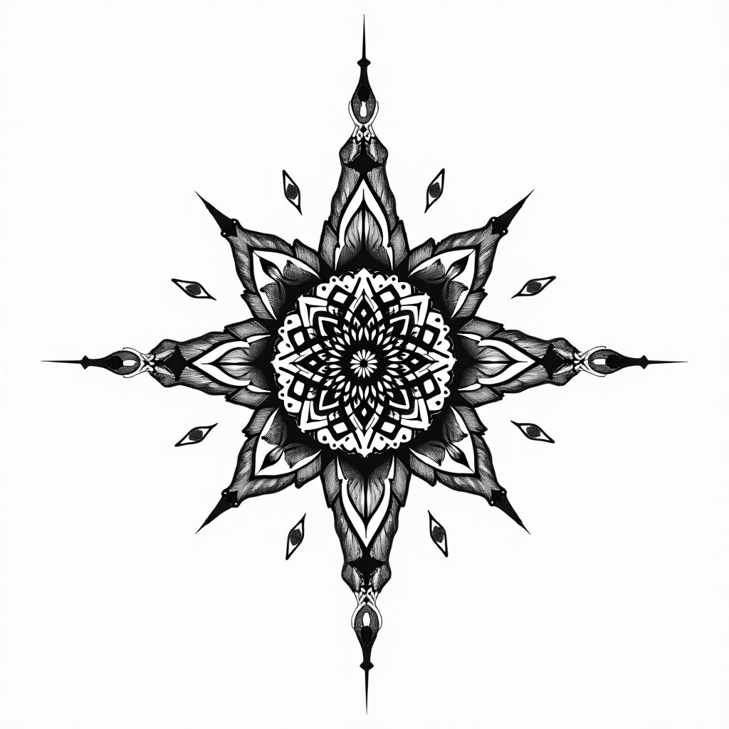 Fine line black rocketin dotwork style tattoo, complex mandala patterns, interlocking geometric shapes with sharp symmetry, clean lines, sharp angles - Variation 2