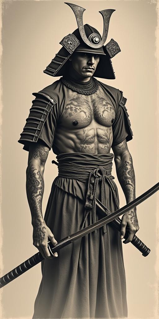 Samurai with a katanain victorian style tattoo, featuring vintage and elegant elements, ornate frames, roses, antique, sepia-toned color scheme - Variation 12