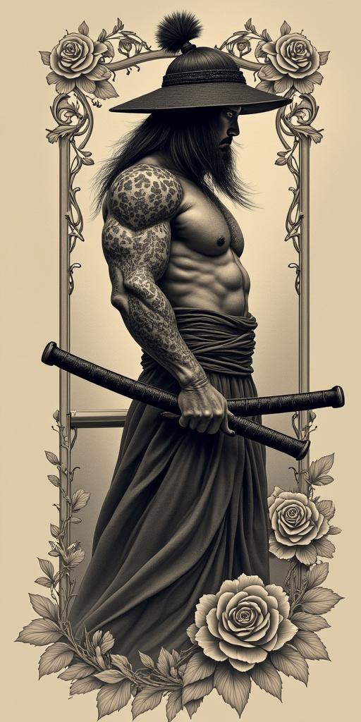 Samurai with a katanain victorian style tattoo, featuring vintage and elegant elements, ornate frames, roses, antique, sepia-toned color scheme - Variation 13