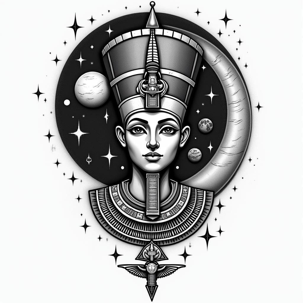 Spiral galaxy with stars and planetsin egyptian style tattoo, bold elements of ancient egyptian culture including a portrait of an Egyptian pharaoh with detailed facial features, in hieroglyphs and symbolic imagery, eye of horus, ankh symbol, scarab beetle - Variation 5