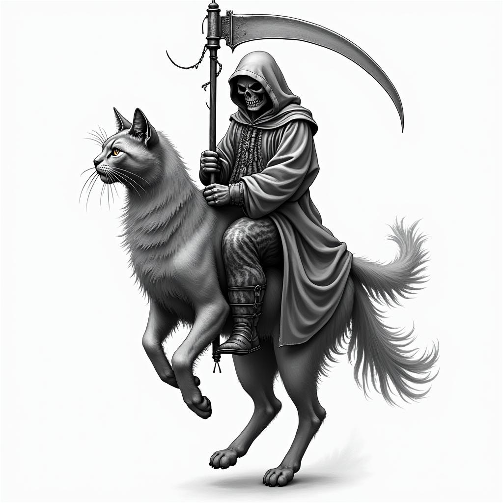 Grim reaper riding a cat in american tradional style
higly detailed tattoo - Variation 4