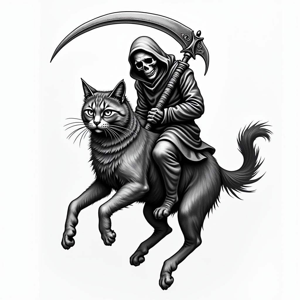 Grim reaper riding a cat in american tradional style
higly detailed tattoo