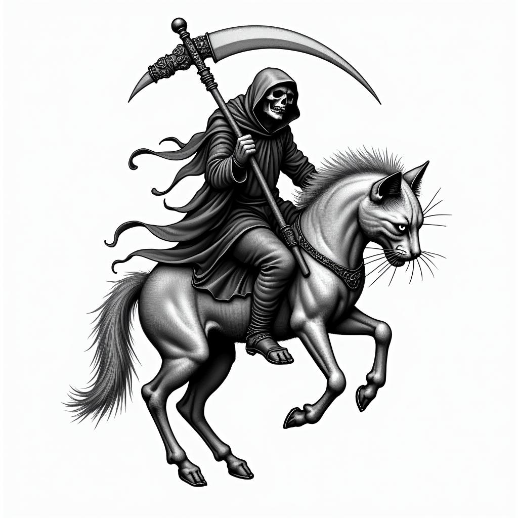Grim reaper riding a cat in american tradional style
higly detailed tattoo - Variation 3