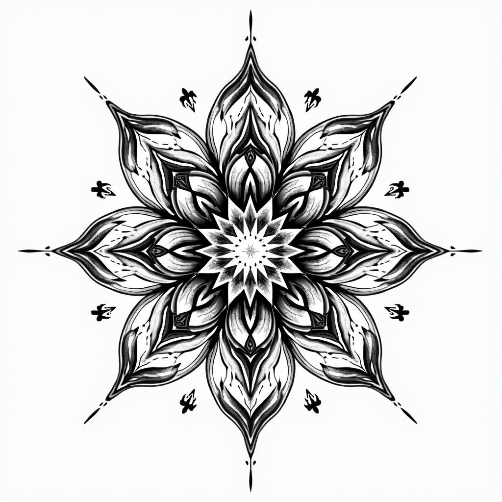 Gamal, Taurus, Las Vegasin dotwork style tattoo, complex mandala patterns, interlocking geometric shapes with sharp symmetry, clean lines, sharp angles - Variation 8
