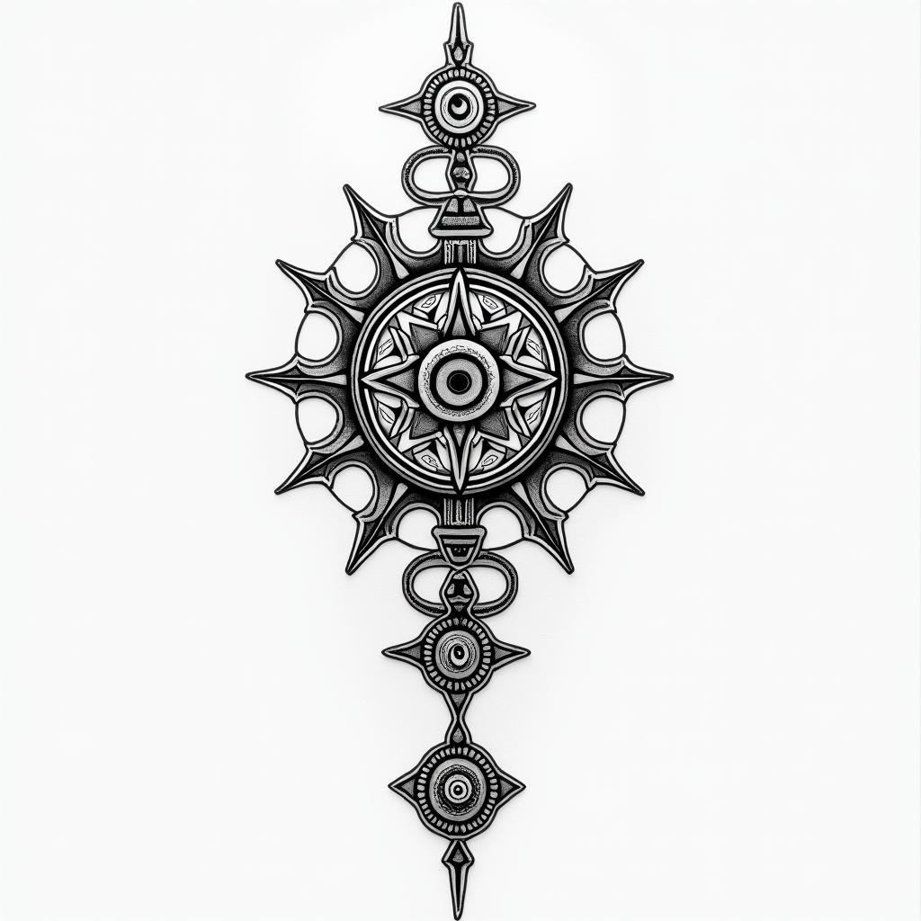 Anthony cancer age 32in spiritual symbols tattoo style, featuring an intricate design incorporating elements, Hamsa hand, third eye, minimalist composition