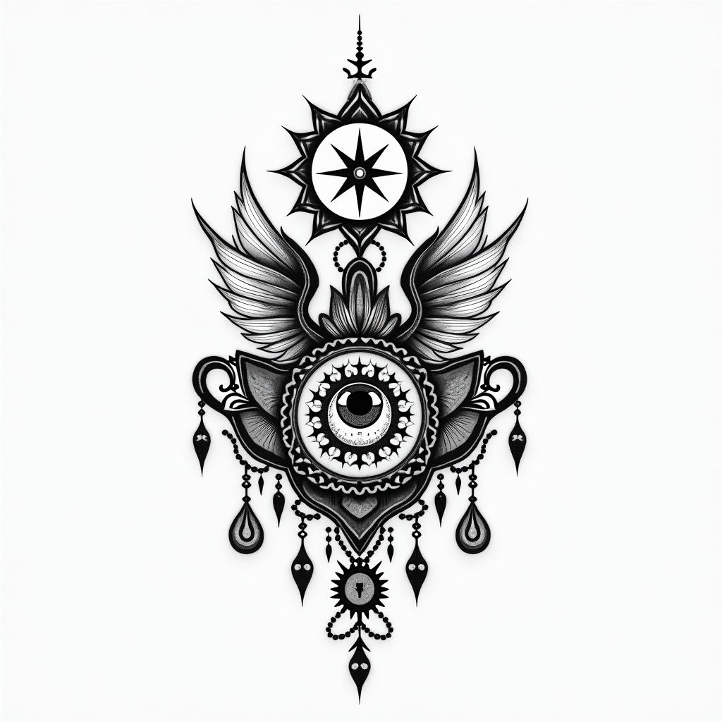 Anthony cancer age 32in spiritual symbols tattoo style, featuring an intricate design incorporating elements, Hamsa hand, third eye, minimalist composition - Variation 4