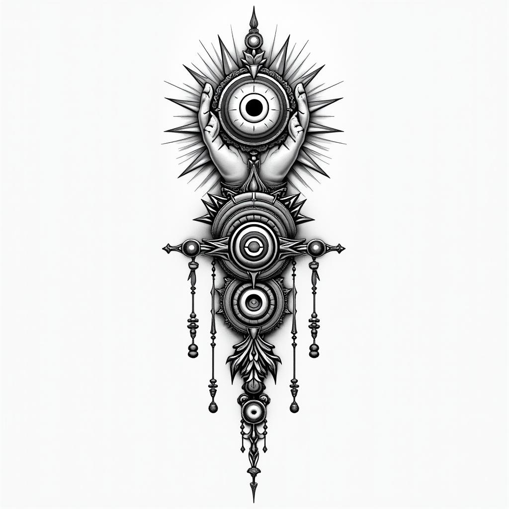 Anthony cancer age 32in spiritual symbols tattoo style, featuring an intricate design incorporating elements, Hamsa hand, third eye, minimalist composition - Variation 2