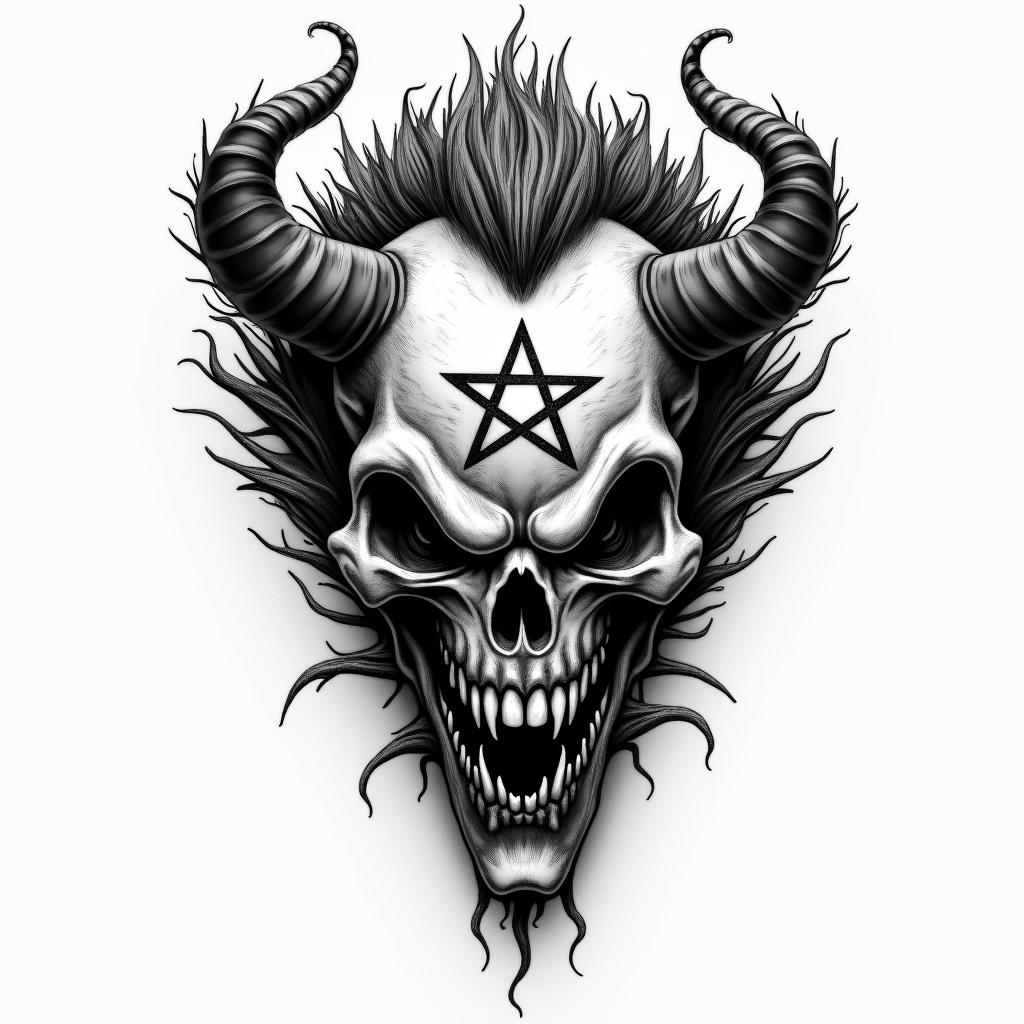 The Joker with a menacing smilecreepy horror tattoo style, featuring an eerie and unsettling skull of a demonic creature, distorted face with sharp fangs, add pentagram symbol