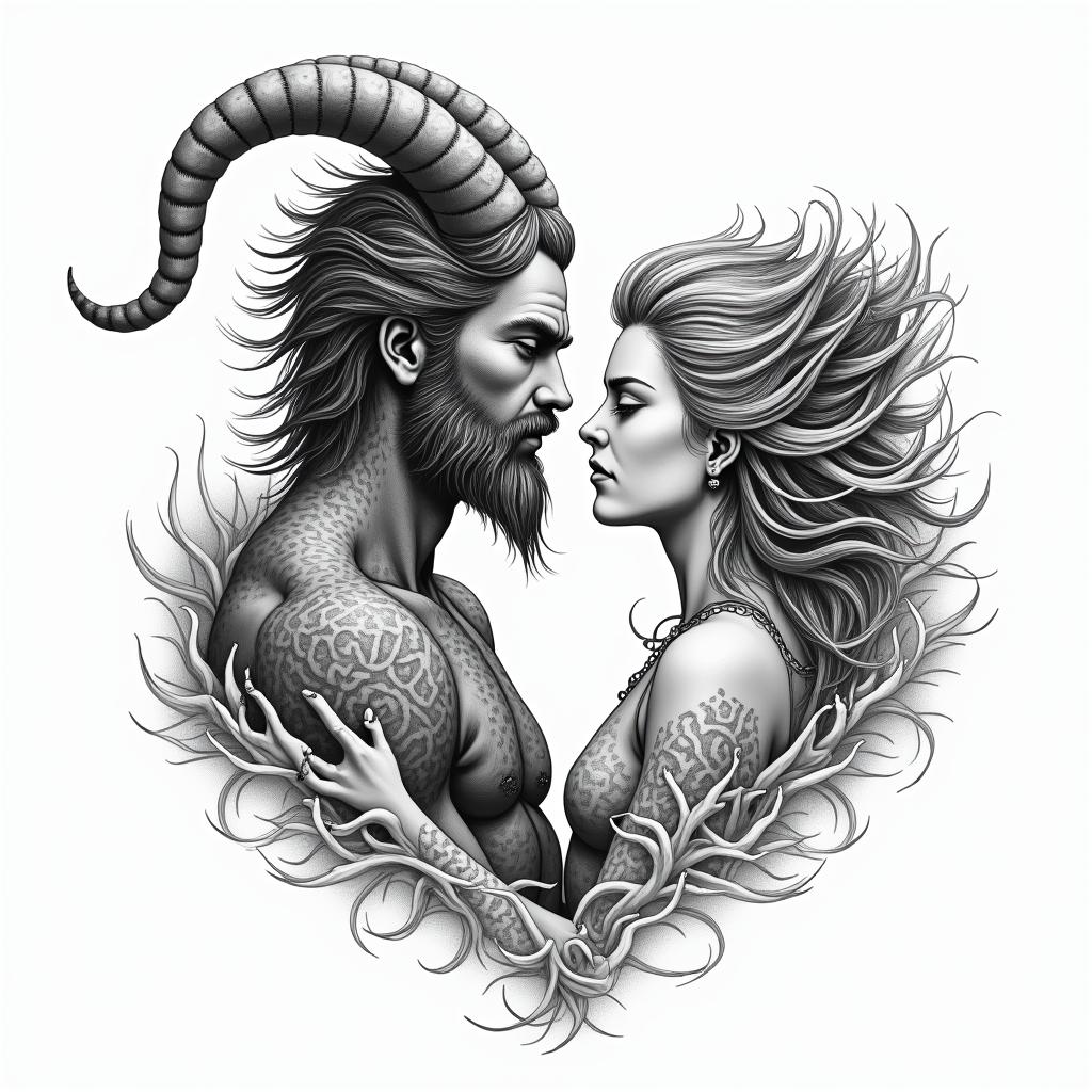 Chris capricorn father wife hardy honestin japanese style tattoo, detailed tattoo, traditional japanese culture tattoo, mythology, 8k