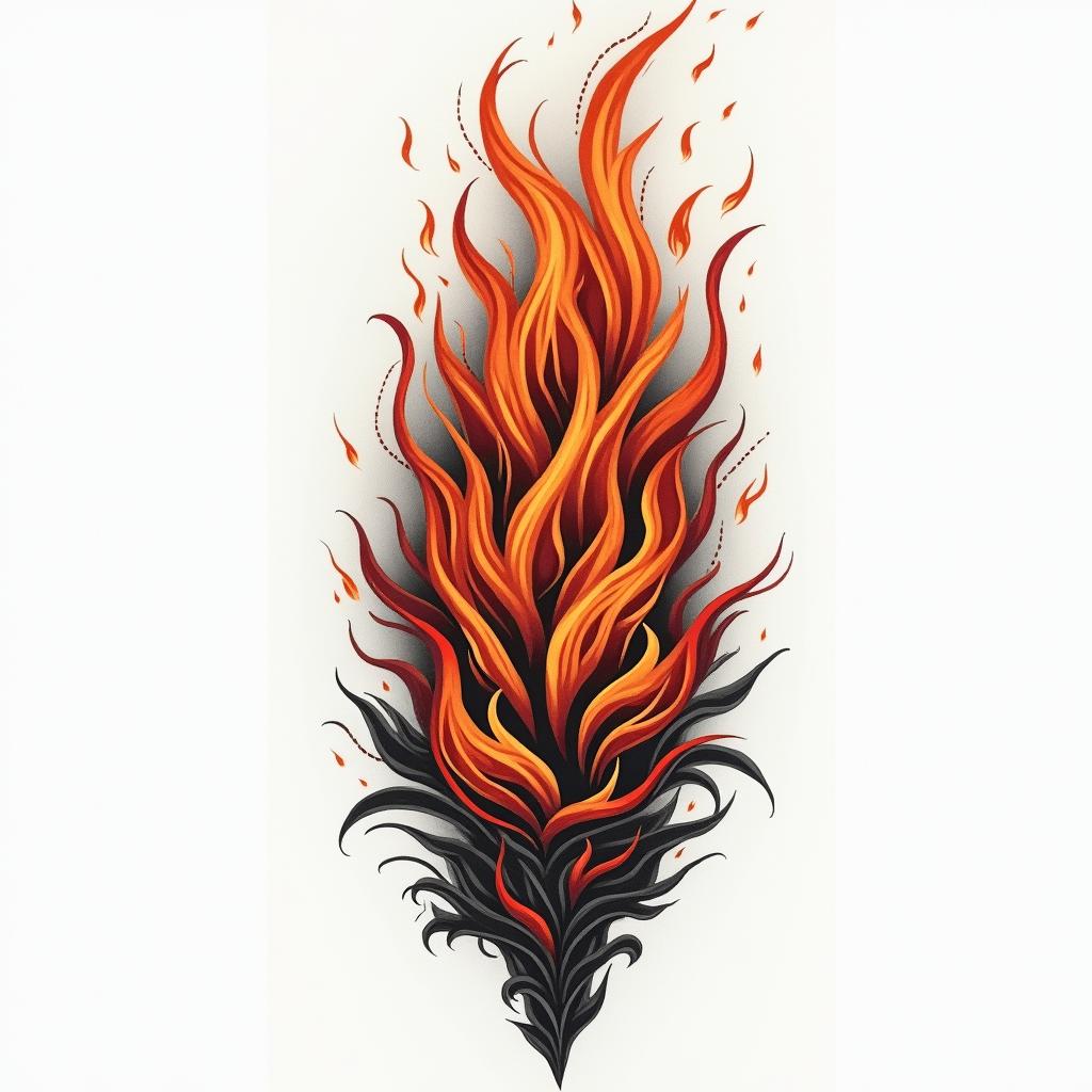 Joelina, Waage, Stuttgartin flame tattoo style showcasing fiery elements with dynamic flame patterns, glowing effect of flames, natural colors