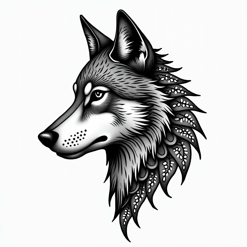 Wolf shadowin dotwork style tattoo, complex mandala patterns, interlocking geometric shapes with sharp symmetry, clean lines, sharp angles - Variation 2