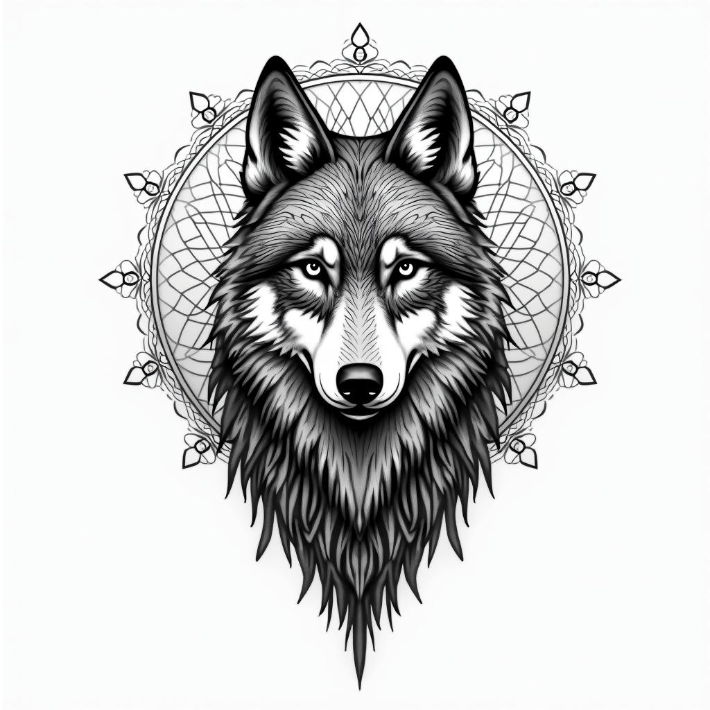 Wolf shadowin dotwork style tattoo, complex mandala patterns, interlocking geometric shapes with sharp symmetry, clean lines, sharp angles - Variation 4