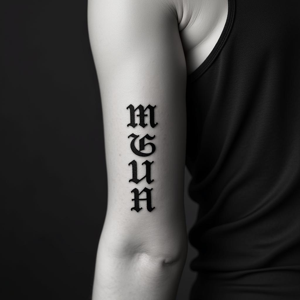 Jeanitext-based tattoo, gothic font ultra-realistic, perfectly placed, high-quality font design, photo-realistic shading, 8k, high quality, finely detailed typography - Variation 2