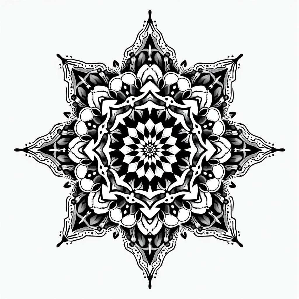Gamal, Taurus, Las Vegasin dotwork style tattoo, complex mandala patterns, interlocking geometric shapes with sharp symmetry, clean lines, sharp angles - Variation 4