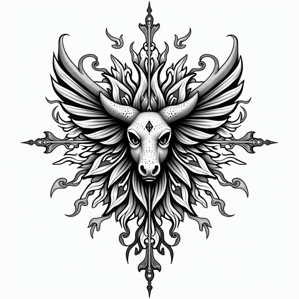 Gamal, Taurus, Las Vegasin dotwork style tattoo, complex mandala patterns, interlocking geometric shapes with sharp symmetry, clean lines, sharp angles