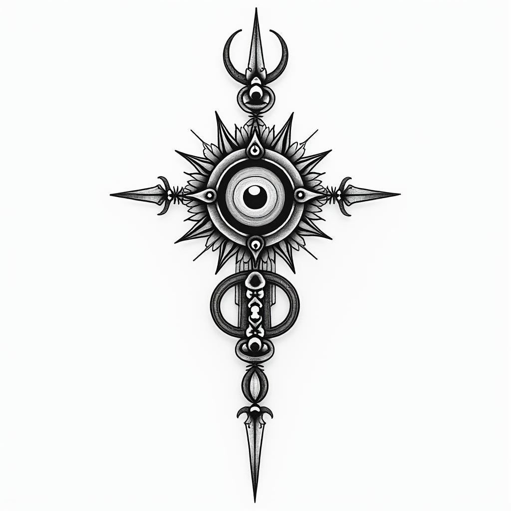 Chris capricornin spiritual symbols tattoo style, featuring an intricate design incorporating elements, Hamsa hand, third eye, minimalist composition