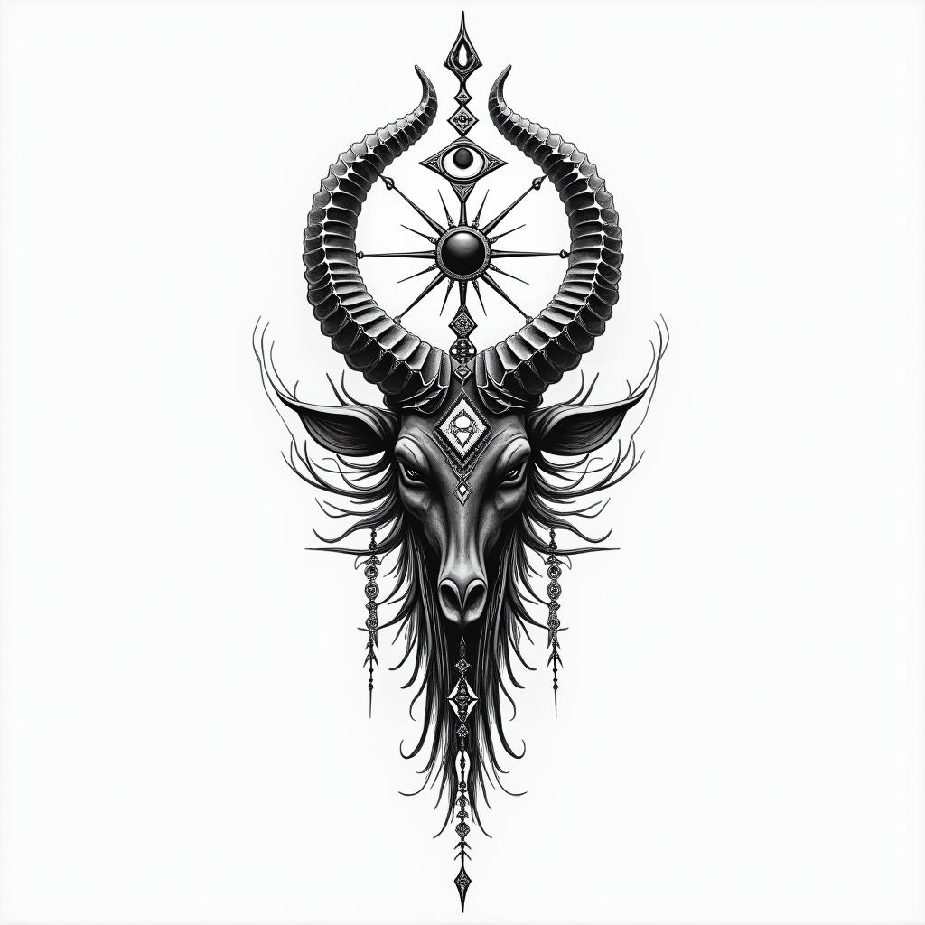 Chris capricornin spiritual symbols tattoo style, featuring an intricate design incorporating elements, Hamsa hand, third eye, minimalist composition - Variation 2