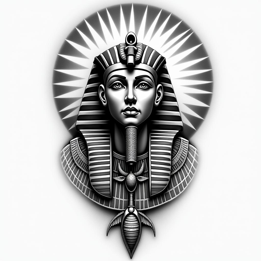 Blazing sunin egyptian style tattoo, bold elements of ancient egyptian culture including a portrait of an Egyptian pharaoh with detailed facial features, in hieroglyphs and symbolic imagery, eye of horus, ankh symbol, scarab beetle - Variation 1