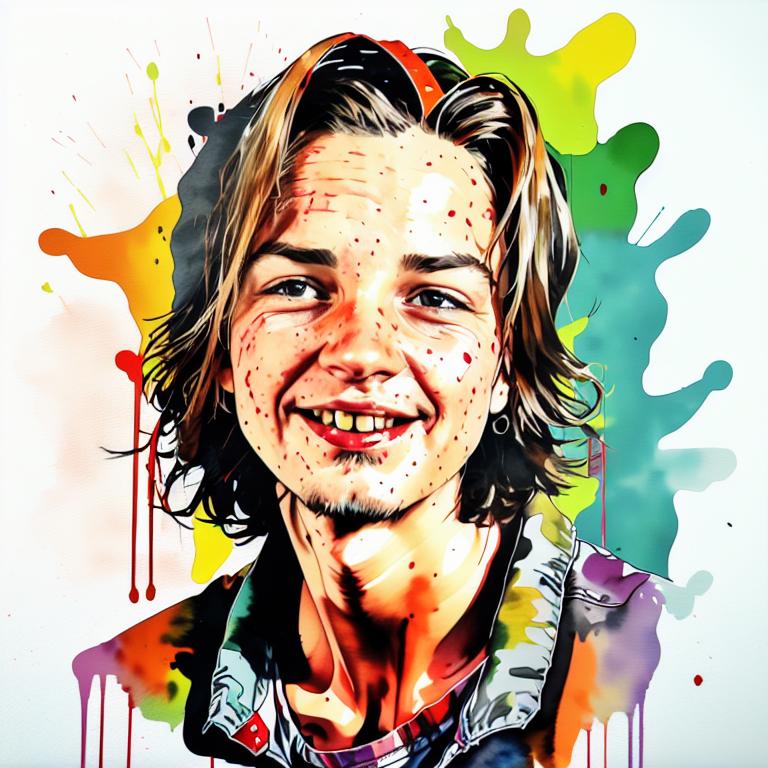  vibrant watercolor portrait with graffiti style face, fully white background, ,face with soft blending of warm and cool tones (orange, yellow, green),using shades of colors, contrast between light and shadow on the face, Bold color splashes and abstract drips in the background for a dynamic, artistic vibe, highly detailed tattoo, fully white background , dskinkpunkundefined - Variation 39