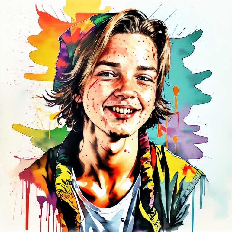  vibrant watercolor portrait with graffiti style face, fully white background, ,face with soft blending of warm and cool tones (orange, yellow, green),using shades of colors, contrast between light and shadow on the face, Bold color splashes and abstract drips in the background for a dynamic, artistic vibe, highly detailed tattoo, fully white background , dskinkpunkundefined - Variation 40