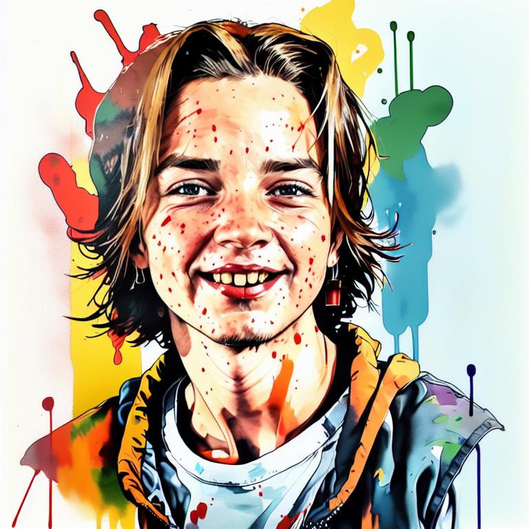  vibrant watercolor portrait with graffiti style face, fully white background, ,face with soft blending of warm and cool tones (orange, yellow, green),using shades of colors, contrast between light and shadow on the face, Bold color splashes and abstract drips in the background for a dynamic, artistic vibe, highly detailed tattoo, fully white background , dskinkpunkundefined - Variation 37
