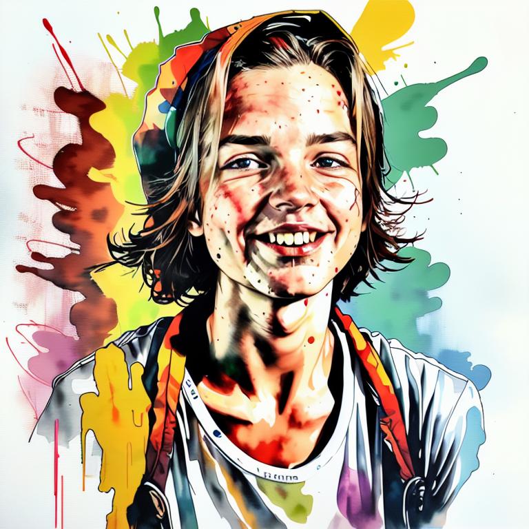  vibrant watercolor portrait with graffiti style face, fully white background, ,face with soft blending of warm and cool tones (orange, yellow, green),using shades of colors, contrast between light and shadow on the face, Bold color splashes and abstract drips in the background for a dynamic, artistic vibe, highly detailed tattoo, fully white background , dskinkpunkundefined - Variation 38