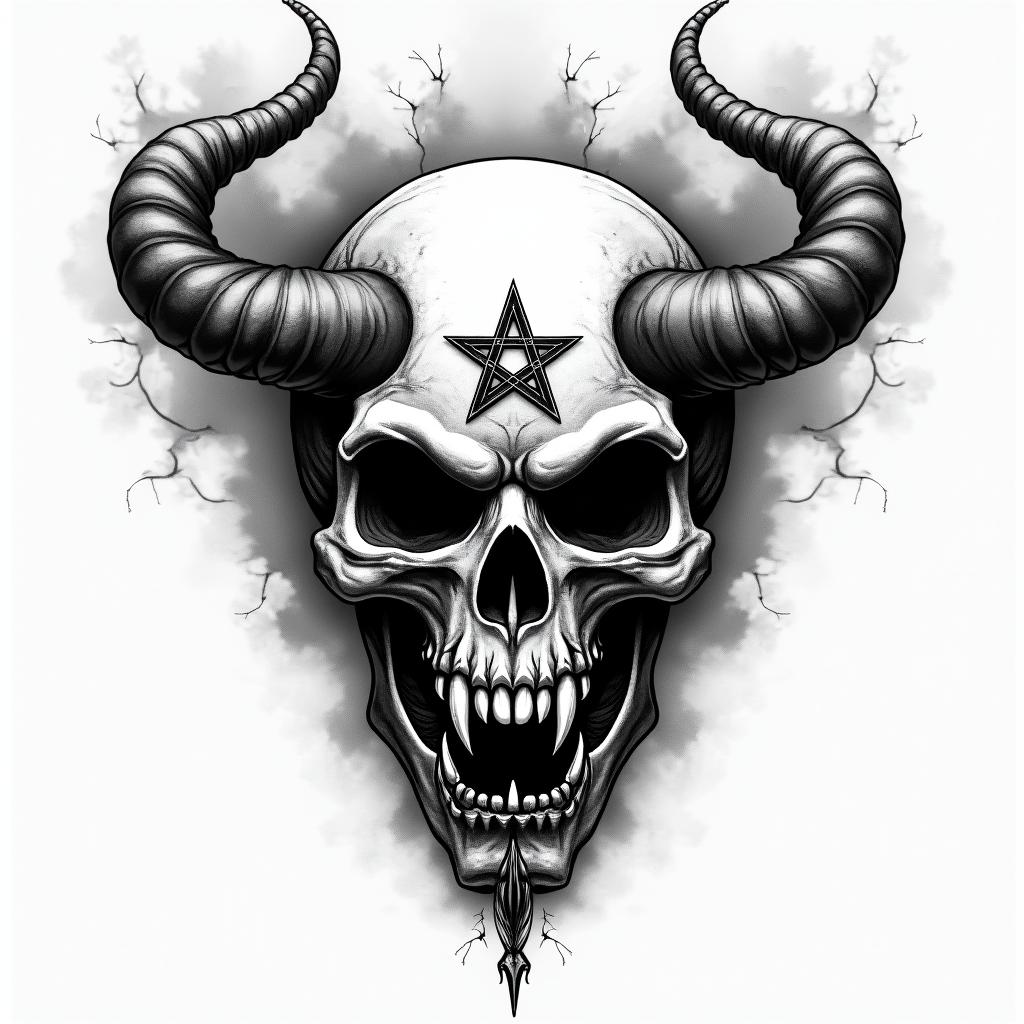 Demon of anger, spirit of anger, thunder and dark cloudscreepy horror tattoo style, featuring an eerie and unsettling skull of a demonic creature, distorted face with sharp fangs, add pentagram symbol - Variation 3