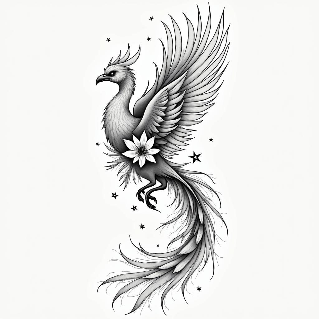 Custom tattoo project: “Renaissance & Children”
General theme:
A stylized phoenix, symbol of rebirth, transformation, and inner strength. The style is fine, feminine, and modern, with soft and elegant lines. The tattoo starts from the inside of the arm (bicep) and slightly rises towards the front of the arm.
⸻
Main elements:
1. The phoenix:
• Stylized body, wings slightly spread.
• Fluid, moving feathers.
• No thick lines, but a continuous, artistic line.
2. Vegetal:
• Delicate lotus and magnolia flowers entwined around the body of the phoenix.
• Fine vines or foliage climbing along the arm to add rhythm and softness.
⸻
Symbols of the children integrated into the design:
• For Margot (born 10/05/2016): A small lotus flower in full bloom, placed near a wing of the phoenix, with the letter “M”.
• For William (born 07/04/2015): A feather that transforms into a constellation, integrated into the tail of the phoenix. The outline of the feather contains the letter “W”.higly detailed tattoo