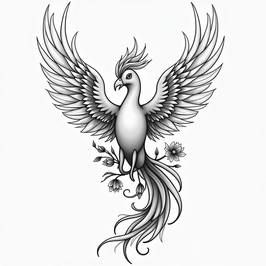 Custom tattoo project: “Renaissance & Children”
General theme:
A stylized phoenix, symbol of rebirth, transformation, and inner strength. The style is fine, feminine, and modern, with soft and elegant lines. The tattoo starts from the inside of the arm (bicep) and slightly rises towards the front of the arm.
⸻
Main elements:
1. The phoenix:
• Stylized body, wings slightly spread.
• Fluid, moving feathers.
• No thick lines, but a continuous, artistic line.
2. Vegetal:
• Delicate lotus and magnolia flowers entwined around the body of the phoenix.
• Fine vines or foliage climbing along the arm to add rhythm and softness.
⸻
Symbols of the children integrated into the design:
• For Margot (born 10/05/2016): A small lotus flower in full bloom, placed near a wing of the phoenix, with the letter “M”.
• For William (born 07/04/2015): A feather that transforms into a constellation, integrated into the tail of the phoenix. The outline of the feather contains the letter “W”.higly detailed tattoo - Variation 2